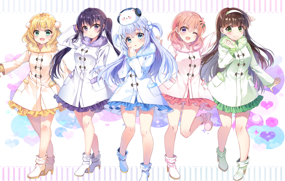 5girls :&lt; :d :o ;d angora_rabbit animal animal_on_head ankle_boots aqua_eyes arm_behind_back arm_up bangs bare_legs blonde_hair blue_coat blue_footwear blue_hair blue_skirt blunt_bangs blush boots breasts brown_hair chocho_(homelessfox) closed_mouth coat eyebrows_visible_through_hair full_body fur_collar gochuumon_wa_usagi_desu_ka? green_coat green_eyes green_skirt hair_bobbles hair_ornament hairband hairclip hand_in_hair head_tilt headphones high_heel_boots high_heels hoto_cocoa kafuu_chino kirima_sharo leg_up long_hair long_sleeves looking_at_viewer medium_breasts miniskirt multicolored multicolored_background multiple_girls on_head one_eye_closed open_mouth orange_hair outstretched_arm parted_lips pink_coat pink_skirt purple_hair purple_skirt rabbit skirt smile sparkle standing standing_on_one_leg straight_hair tareme tedeza_rize tippy_(gochiusa) twintails two_side_up ujimatsu_chiya violet_eyes white_coat white_footwear white_hairband winter_clothes winter_coat x_hair_ornament yellow_coat yellow_skirt