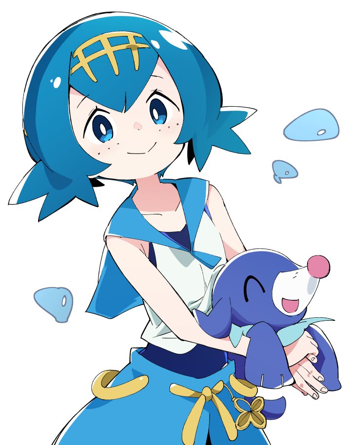 1girl blue_eyes blue_hair carrying closed_mouth collarbone creatures_(company) game_freak gen_7_pokemon hairband ixy looking_at_viewer nintendo pokemon pokemon_(creature) pokemon_(game) pokemon_sm popplio short_hair smile solo suiren_(pokemon) swimsuit swimsuit_under_clothes