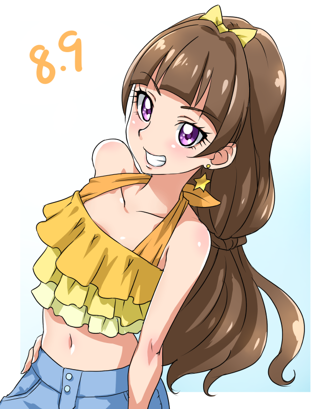 1girl amanogawa_kirara bangs blue_pants blunt_bangs bow brown_hair chocokin collarbone dated earrings eyebrows_visible_through_hair go!_princess_precure grin hair_bow halterneck hand_on_hip high_ponytail jewelry long_hair midriff navel pants precure shiny shiny_hair sleeveless smile solo standing star star_earrings stomach very_long_hair violet_eyes yellow_bow