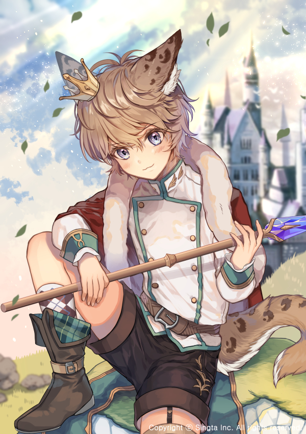 :3 animal_ears argyle argyle_legwear asymmetrical_legwear belt black_shorts blurry blurry_background blush brown_footwear castle cat_ears crown garter_straps grass grey_eyes holding holding_wand laurelfalcon leaf long_sleeves looking_at_viewer monster_boy official_art outdoors shorts sid_story tail tilted_headwear wand watermark