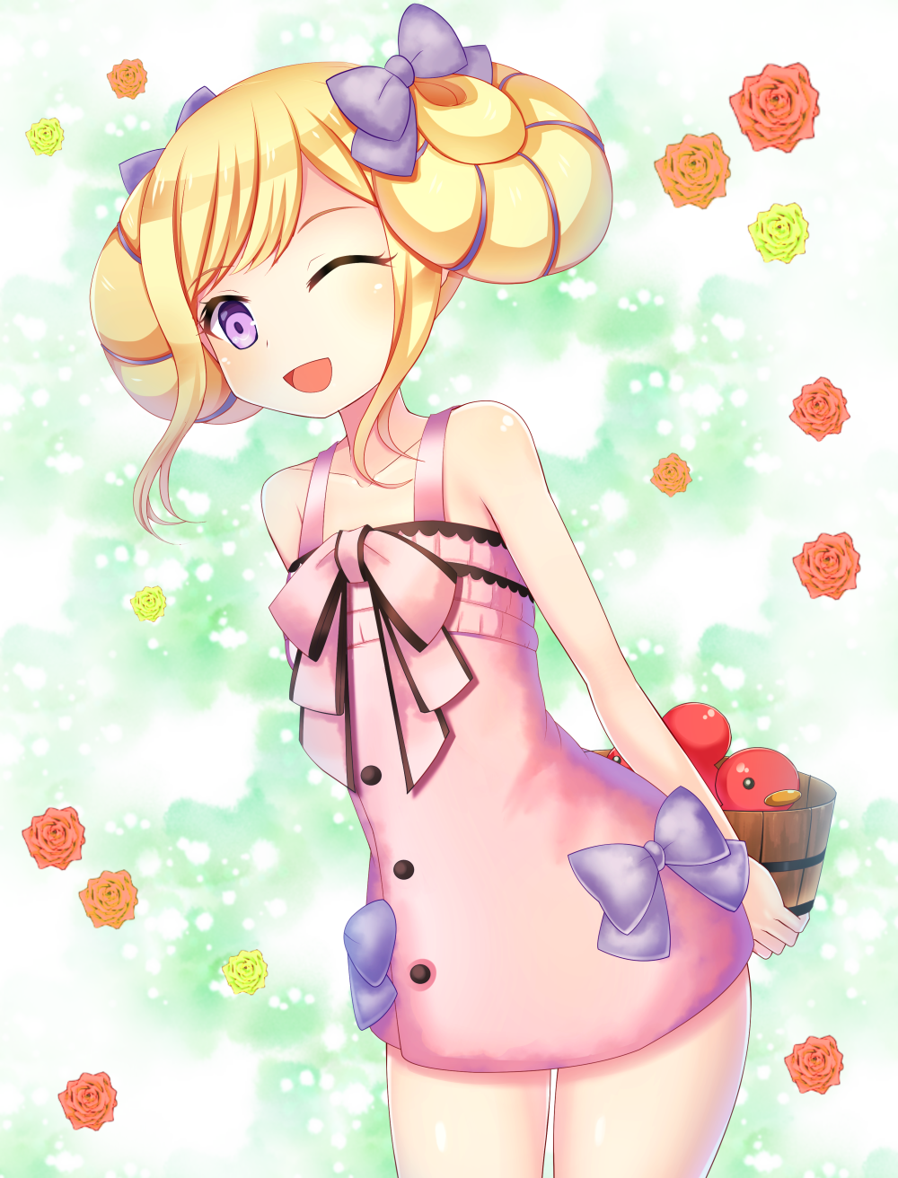 1girl bare_shoulders blonde_hair bow bucket buttons dress elise_(fire_emblem_if) fire_emblem fire_emblem_heroes fire_emblem_if flower hair_bow highres multicolored_hair nintendo one_eye_closed open_mouth pink_dress purple_bow purple_hair rubber_duck shira_yu_ki short_dress solo twintails violet_eyes wooden_bucket