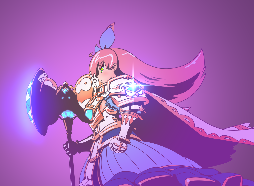 1girl armor blue_bow blue_skirt bow cape clenched_hand feconf gauntlets green_eyes hair_bow hammer holding holding_hammer long_hair palffy_(sennen_sensou_aigis) pink_hair profile purple_background sennen_sensou_aigis simple_background skirt solo sparkle standing war_hammer weapon white_cape