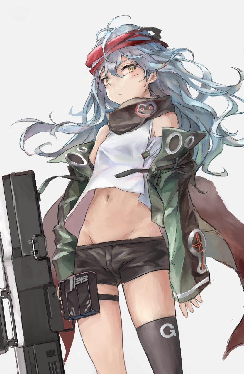 1girl arms_at_sides bangs black_legwear black_scarf black_shorts closed_mouth expressionless from_below g11_(girls_frontline) girls_frontline green_jacket grey_background grey_hair groin gun hair_between_eyes headband highres holding holding_gun holding_weapon injury jacket long_hair long_sleeves looking_at_viewer looking_down messy_hair navel off_shoulder open_clothes open_jacket rr_(realreal) scarf short_shorts shorts simple_background single_thighhigh sleeves_past_wrists solo stomach tank_top thigh-highs thigh_pouch weapon yellow_eyes