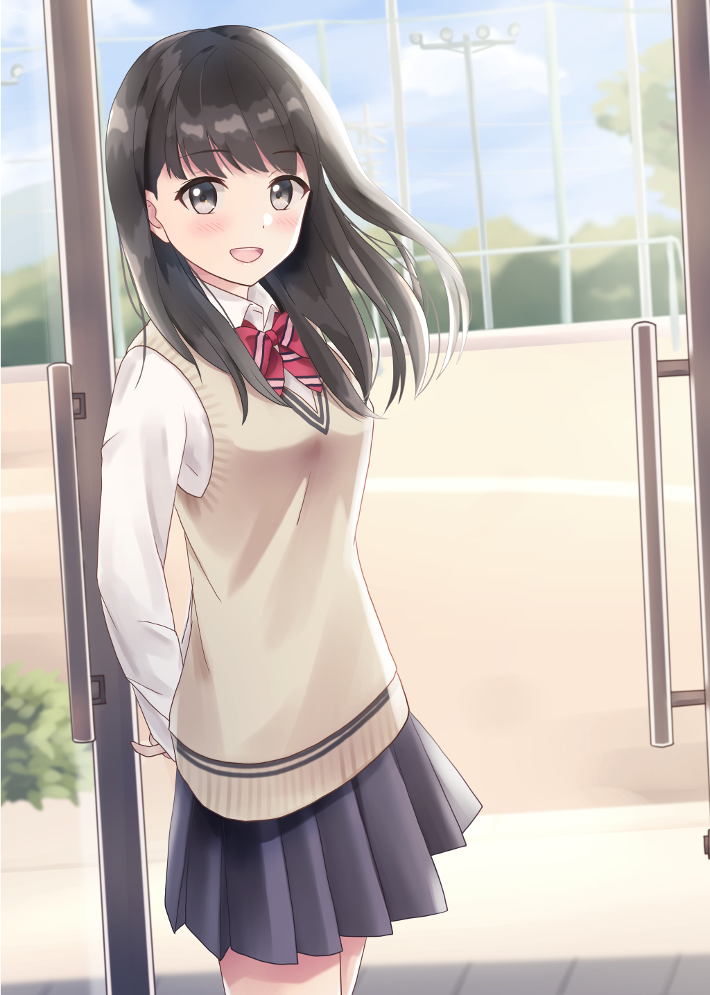 1girl :d black_skirt blue_sky blush bow brown_eyes brown_hair clouds collared_shirt commentary_request day diagonal_stripes glass_door highres long_hair long_sleeves looking_at_viewer open_door open_mouth original outdoors pleated_skirt red_bow school_uniform shirt skirt sky smile solo striped striped_bow sweater_vest white_shirt yukimaru217