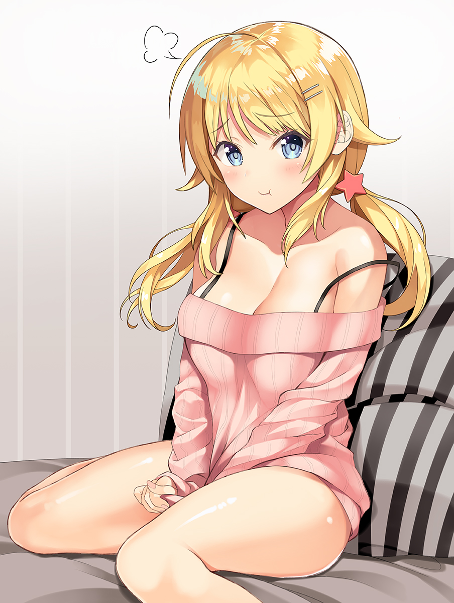 1girl ahoge bangs bare_legs bare_shoulders blonde_hair blue_eyes blush breasts cleavage closed_mouth collarbone dress hachimiya_meguru hair_ornament hairclip highres idolmaster idolmaster_shiny_colors inuzumi_masaki large_breasts long_hair long_sleeves looking_at_viewer low_twintails off-shoulder_sweater off_shoulder pink_sweater pout puffy_cheeks ribbed_sweater sitting solo strap_slip sweater sweater_dress thighs twintails wariza