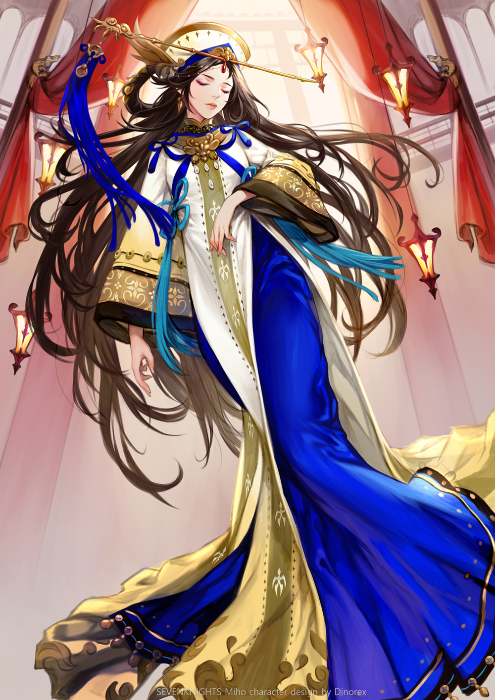 1girl artist_name blue_dress blue_ribbon brown_hair closed_eyes copyright_name curtains dino_(trexsilence) dress facing_viewer hair_rings hat hat_ornament highres indoors lantern long_hair red_curtains ribbon seven_knights solo standing tassel very_long_hair white_hat wide_sleeves