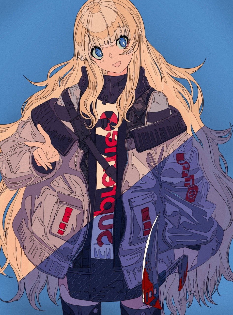 1girl bangs blonde_hair blue_background blue_eyes blunt_bangs cowboy_shot grey_jacket highres holding holding_weapon jacket kogecha_(coge_ch) long_hair long_sleeves looking_at_viewer open_mouth original pocket pointy_ears radiation_symbol sidelocks simple_background smile solo supreme v very_long_hair weapon