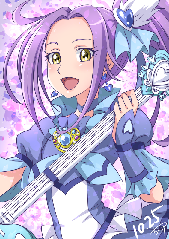 1girl :d chocokin choker cure_beat dated detached_sleeves dress earrings hair_ornament heart heart_earrings heart_hair_ornament holding holding_instrument instrument jewelry kurokawa_eren long_hair open_mouth precure purple_dress purple_hair seiren_(suite_precure) side_ponytail smile solo suite_precure upper_body yellow_eyes