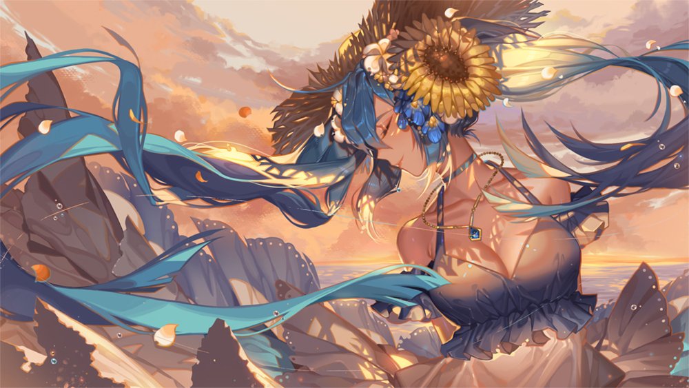 1girl aqua_hair bare_shoulders breasts choker closed_eyes clouds cloudy_sky dress floating_hair flower flowing_dress frilled_dress frills hair_between_eyes hair_flower hair_ornament hat hatsune_miku jewelry large_breasts long_hair necklace ocean orange_sekaii petals profile sky solo straw_hat sunflower twintails very_long_hair vocaloid