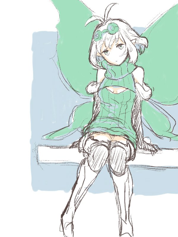 1girl antenna_hair black_gloves black_legwear bluestar boots bravely_default:_fairy's_effect bravely_default_(series) dress elbow_gloves eyewear_on_head fairy fairy_wings glasses gloves green_sweater grey_eyes meme_attire no_pants pointy_ears rinne_(bravely_default) short_hair sitting sketch solo sweater sweater_dress thigh-highs thigh_boots turtleneck turtleneck_sweater virgin_killer_sweater white_hair wings