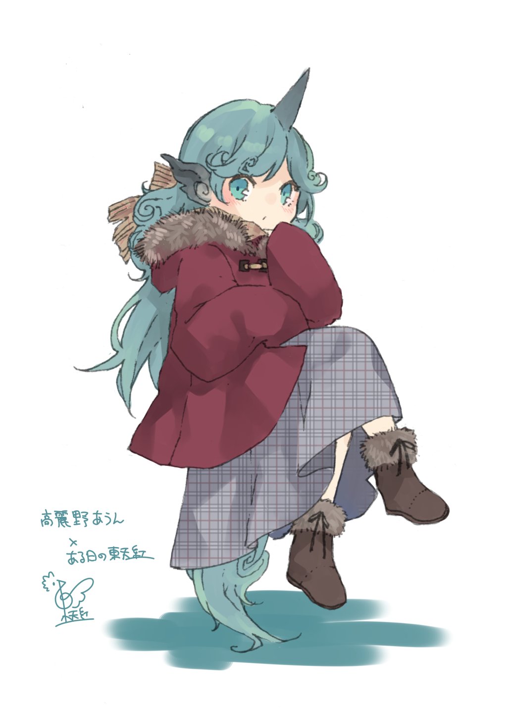 1girl alternate_costume bangs blush boots brown_footwear brown_scarf casual commentary_request contemporary fur-trimmed_boots fur_trim green_eyes green_hair grey_skirt hand_up highres hood hooded_jacket horn invisible_chair jacket komano_aun long_hair looking_at_viewer plaid plaid_scarf plaid_skirt red_jacket scarf simple_background sitting skirt sleeves_past_fingers sleeves_past_wrists solo tail touhou toutenkou translation_request unmoving_pattern white_background