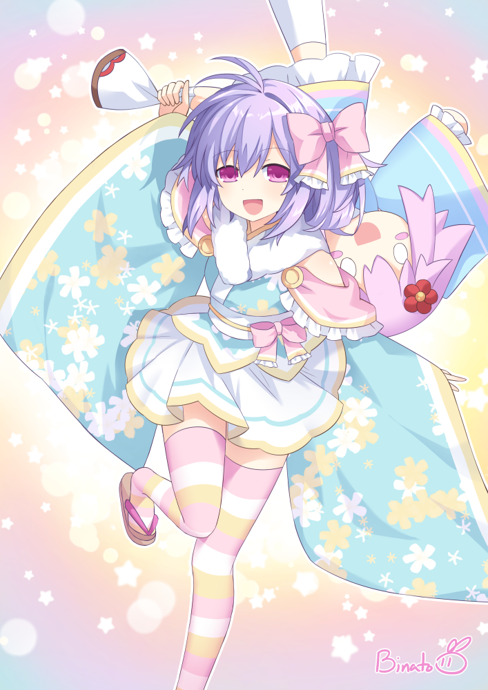 1girl :d alternate_hair_length alternate_hairstyle bare_shoulders binato_lulu blush blush_stickers bow character_doll floral_print hair_between_eyes hair_bow kami_jigen_game_neptune_v lavender_hair leg_up long_sleeves looking_at_viewer neptune_(neptune_series) neptune_(series) open_mouth pink_eyes pururut sandals signature skirt smile solo star starry_background striped striped_legwear thigh-highs wide_sleeves