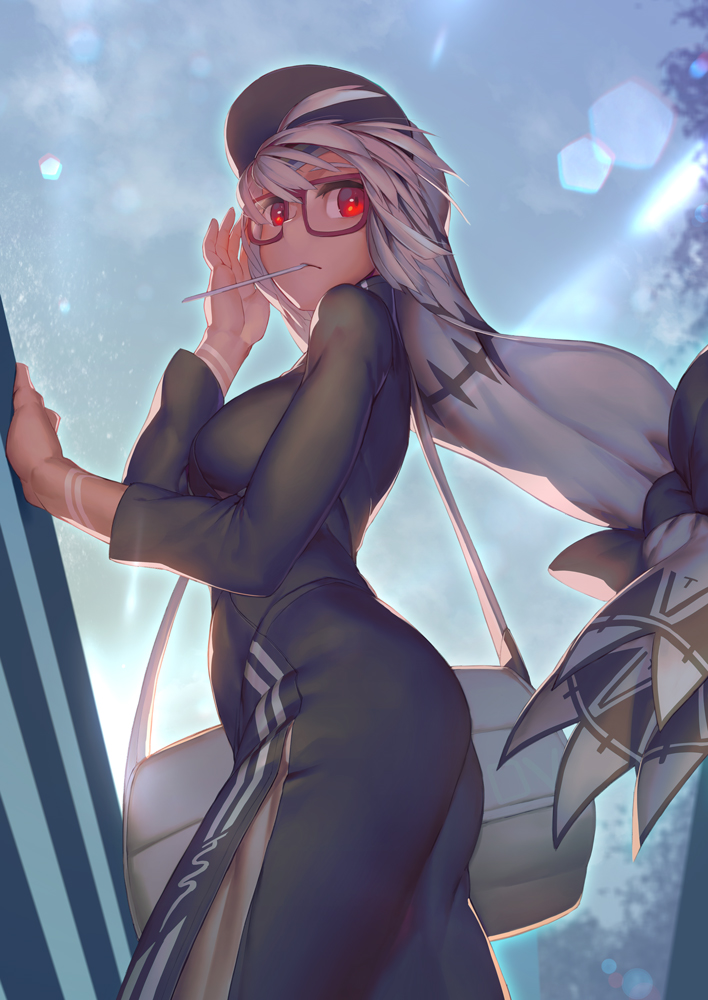 1girl altera_(fate) backlighting bag black_bow black_shirt black_skirt blue_sky blurry blurry_background bow breasts closed_mouth commentary_request cowboy_shot duffel_bag fate/grand_order fate_(series) from_side glasses hand_up heroic_spirit_traveling_outfit legs long_sleeves looking_at_viewer looking_to_the_side medium_breasts mouth_hold outdoors pelvic_curtain purple-framed_eyewear red_eyes rotix shirt silver_hair skirt sky solo veil