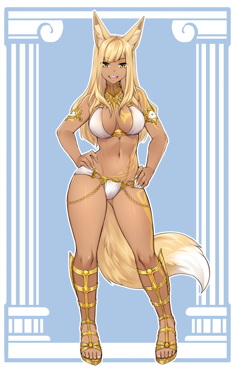 1girl :d animal_ear_fluff animal_ears armlet bare_shoulders blonde_hair borrowed_character breasts commentary commission contrapposto dark_skin english_commentary eyebrows_visible_through_hair fangs fingernails fox_ears fox_tail full_body hands_on_hips highres iwbitu-sa jewelry large_breasts long_fingernails long_hair looking_at_viewer navel open_mouth original outline slit_pupils smile solo stomach tail tattoo thighs upper_teeth white_outline yellow_eyes