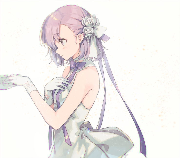 1girl armpit_crease bangs bare_shoulders blush breasts closed_mouth commentary dress flower gloves hair_flower hair_ornament hand_holding hand_on_own_chest light_particles long_hair nagu neck_ribbon original profile purple_hair purple_neckwear ribbon sanpaku simple_background sleeveless sleeveless_dress small_breasts solo_focus turtleneck_dress upper_body violet_eyes white_background white_dress white_flower white_gloves