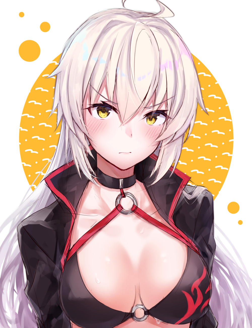 1girl bangs bikini black_bikini black_choker black_jacket blush breasts choker closed_mouth eyebrows_visible_through_hair fate/grand_order fate_(series) gyozanuko hair_between_eyes highres jacket jeanne_d'arc_(alter_swimsuit_berserker) jeanne_d'arc_(fate)_(all) long_sleeves looking_at_viewer medium_breasts o-ring o-ring_bikini o-ring_top open_clothes open_jacket silver_hair solo swimsuit upper_body v-shaped_eyebrows yellow_eyes