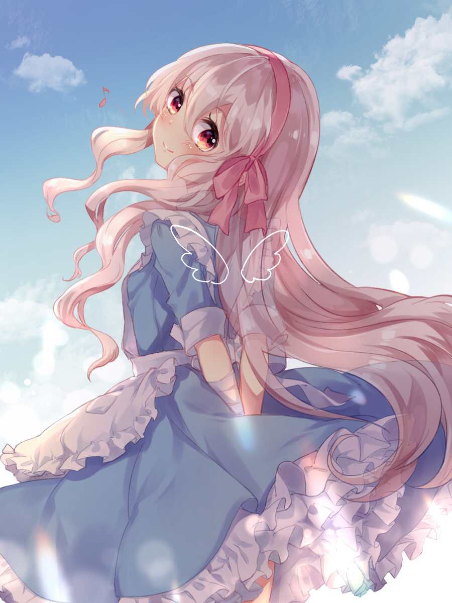 1girl apron bandage bandaged_arm bandages blue_dress blue_sky blush bow closed_mouth clouds cloudy_sky commentary_request day dress eighth_note frilled_apron frilled_dress frills hair_bow hairband head_tilt highres hozumi_rino kagerou_project kozakura_marry light_brown_hair long_hair looking_at_viewer looking_back musical_note outdoors pink_bow pink_hairband red_eyes short_sleeves sky smile solo very_long_hair white_apron x-ray