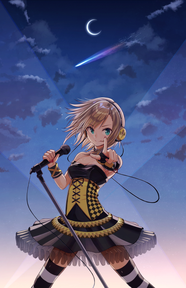 1girl bangs bare_shoulders black_dress blue_eyes breasts brown_hair cleavage closed_mouth clouds commentary_request crescent_moon dress eyebrows_visible_through_hair falling_star fingernails holding holding_microphone idolmaster idolmaster_cinderella_girls looking_at_viewer medium_breasts microphone microphone_stand migimaki_(migi_mawashi) moon nail_polish night night_sky outdoors outstretched_arm pointing pointing_at_viewer red_nails sky smile solo star_(sky) starry_sky strapless strapless_dress tada_riina v-shaped_eyebrows