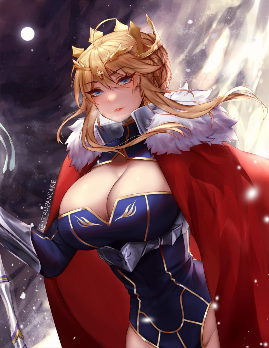 1girl ahoge armor artoria_pendragon_(all) artoria_pendragon_(lancer) blue_dress blue_eyes braid breasts cape cleavage cleavage_cutout commentary crown dress eyebrows_visible_through_hair fate/grand_order fate_(series) french_braid fur-trimmed_cape fur_collar fur_trim gauntlets hair_between_eyes holding holding_weapon lance large_breasts leotard looking_at_viewer moon night night_sky parted_lips polearm red_cape rhongomyniad sidelocks sky solo terupancake upper_body weapon