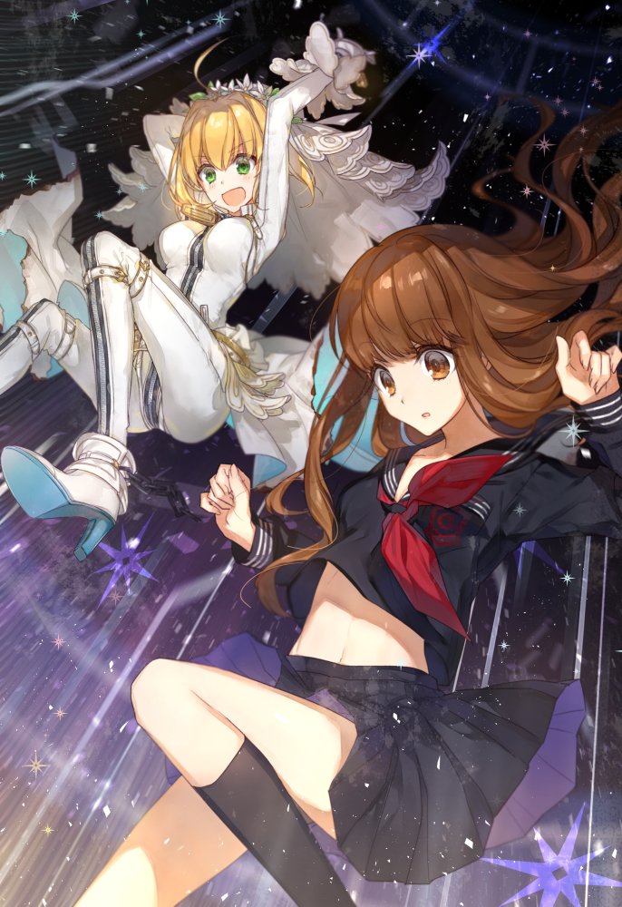 2girls :d ahoge black_legwear black_sailor_collar black_serafuku black_shirt black_skirt blonde_hair bodysuit brown_hair chocoan eyebrows_visible_through_hair fate/extra fate/extra_ccc fate_(series) floating_hair flower green_eyes hair_flower hair_ornament head_wreath high_heels kishinami_hakuno_(female) kneehighs long_hair long_sleeves midriff miniskirt multiple_girls navel neckerchief nero_claudius_(bride)_(fate) nero_claudius_(fate)_(all) open_mouth pleated_skirt red_neckwear sailor_collar school_uniform serafuku shirt sidelocks skirt smile stomach very_long_hair white_bodysuit white_flower