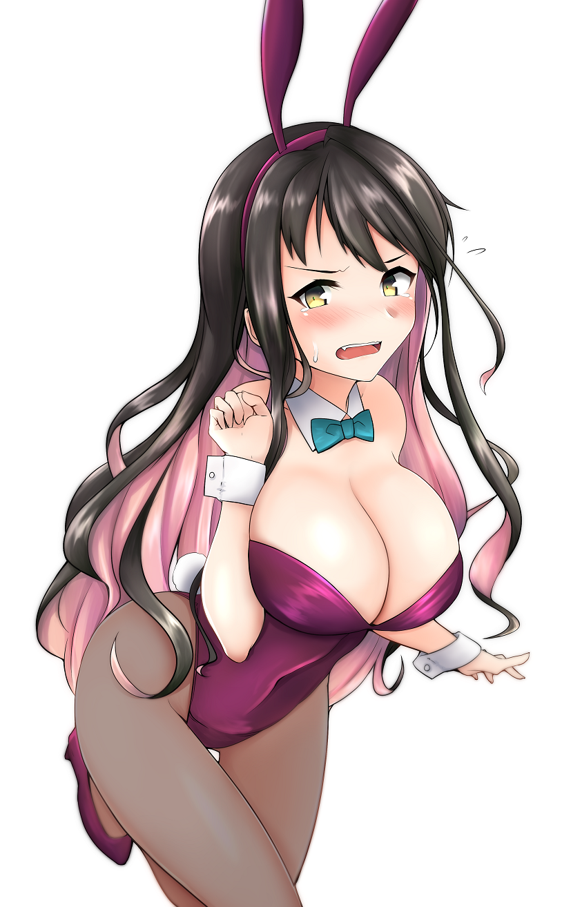 1girl animal_ears bare_shoulders black_hair blush bow bowtie breasts brown_legwear bunny_girl bunny_tail bunnysuit cleavage detached_collar dial16yoi fake_animal_ears fang hair_ribbon hairband highres kantai_collection large_breasts leotard long_hair multicolored_hair naganami_(kantai_collection) open_mouth pantyhose pink_hair purple_hairband purple_leotard rabbit_ears ribbon strapless strapless_leotard tail white_background wrist_cuffs