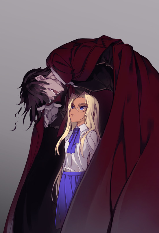 1boy 1girl alucard_(hellsing) black_hair black_jacket blonde_hair blue_eyes blue_neckwear blue_skirt cape dress_shirt eye_contact fangs glasses grey_background hair_over_eyes height_difference hellsing hunched_over integra_hellsing jacket kayama_(fukayama) long_hair looking_at_another looking_down pleated_skirt red_cape shirt skirt standing vampire white_shirt younger