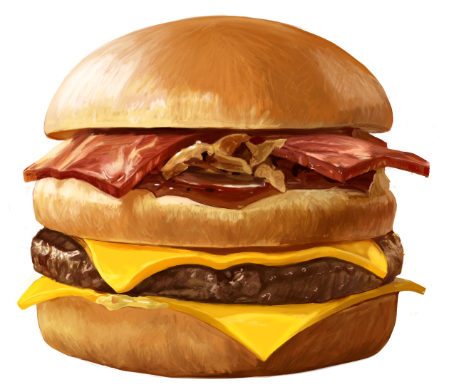 bacon beef cheese commentary_request food hamburger no_humans onion original sauce simple_background still_life taka_(takahirokun) white_background