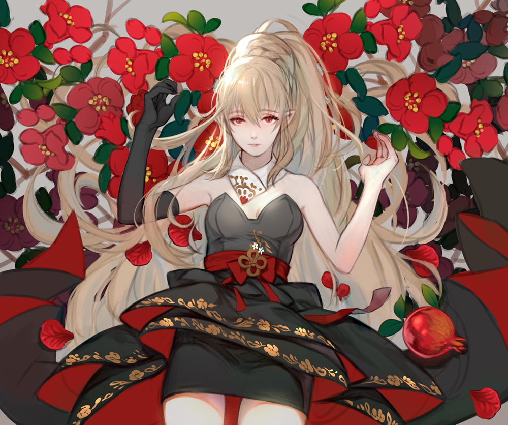 1girl :| bare_shoulders black_dress black_gloves blonde_hair closed_mouth collar detached_collar dino_(trexsilence) dress elbow_gloves floral_print flower gloves gold_trim grey_background hand_up long_hair looking_at_viewer petals pointy_ears red_eyes red_flower seven_knights single_glove solo very_long_hair white_collar