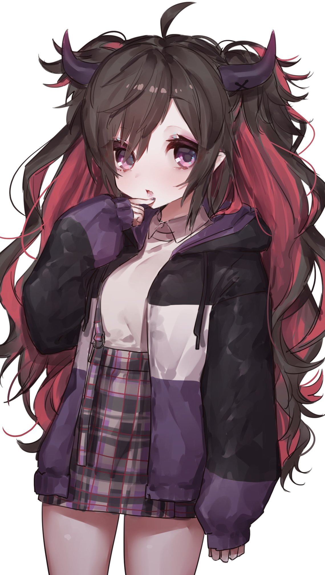 1girl ahoge bangs big_hair black_nails blush brown_hair collared_shirt commentary cowboy_shot drawstring eyebrows_visible_through_hair finger_to_mouth fingernails hair_between_eyes high-waist_skirt highres hood hood_down hooded_jacket horns jacket long_hair long_sleeves looking_at_viewer messy_hair multicolored multicolored_clothes multicolored_hair multicolored_jacket nail_polish nijisanji odorumen727 open_clothes open_jacket parted_lips plaid plaid_skirt puffy_long_sleeves puffy_sleeves red_eyes redhead shirt simple_background skirt sleeves_past_wrists solo suspender_skirt suspenders symbol_commentary two-tone_hair very_long_hair white_background white_shirt yamiyono_moruru