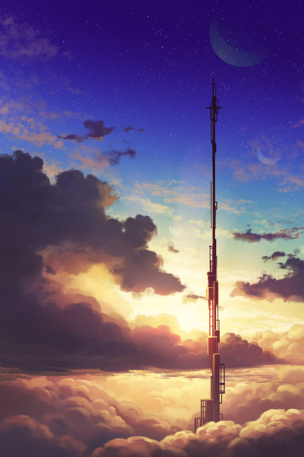 backlighting building clouds cloudy_sky crescent_moon highres moon no_humans original scenery shi_yu sky sunset tower