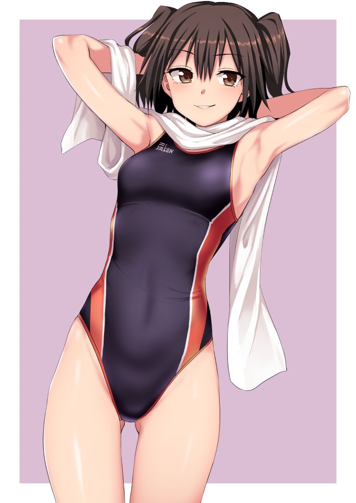 1girl alternate_costume armpits arms_behind_back black_hair black_swimsuit border breasts brown_eyes competition_school_swimsuit cowboy_shot gluteal_fold kantai_collection kumadano lavender_background remodel_(kantai_collection) scarf sendai_(kantai_collection) short_hair small_breasts solo swimsuit two-tone_background two_side_up white_border white_scarf