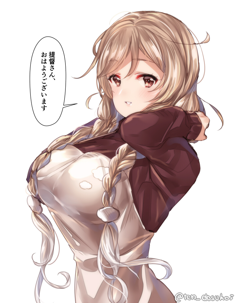 1girl alternate_costume blush braid breasts brown_dress brown_eyes cowboy_shot dress dress_shirt eyebrows_visible_through_hair hair_between_eyes hair_ornament juurouta kantai_collection large_breasts light_brown_hair lips long_hair long_sleeves looking_at_viewer minegumo_(kantai_collection) shirt simple_background solo twin_braids twitter_username white_background