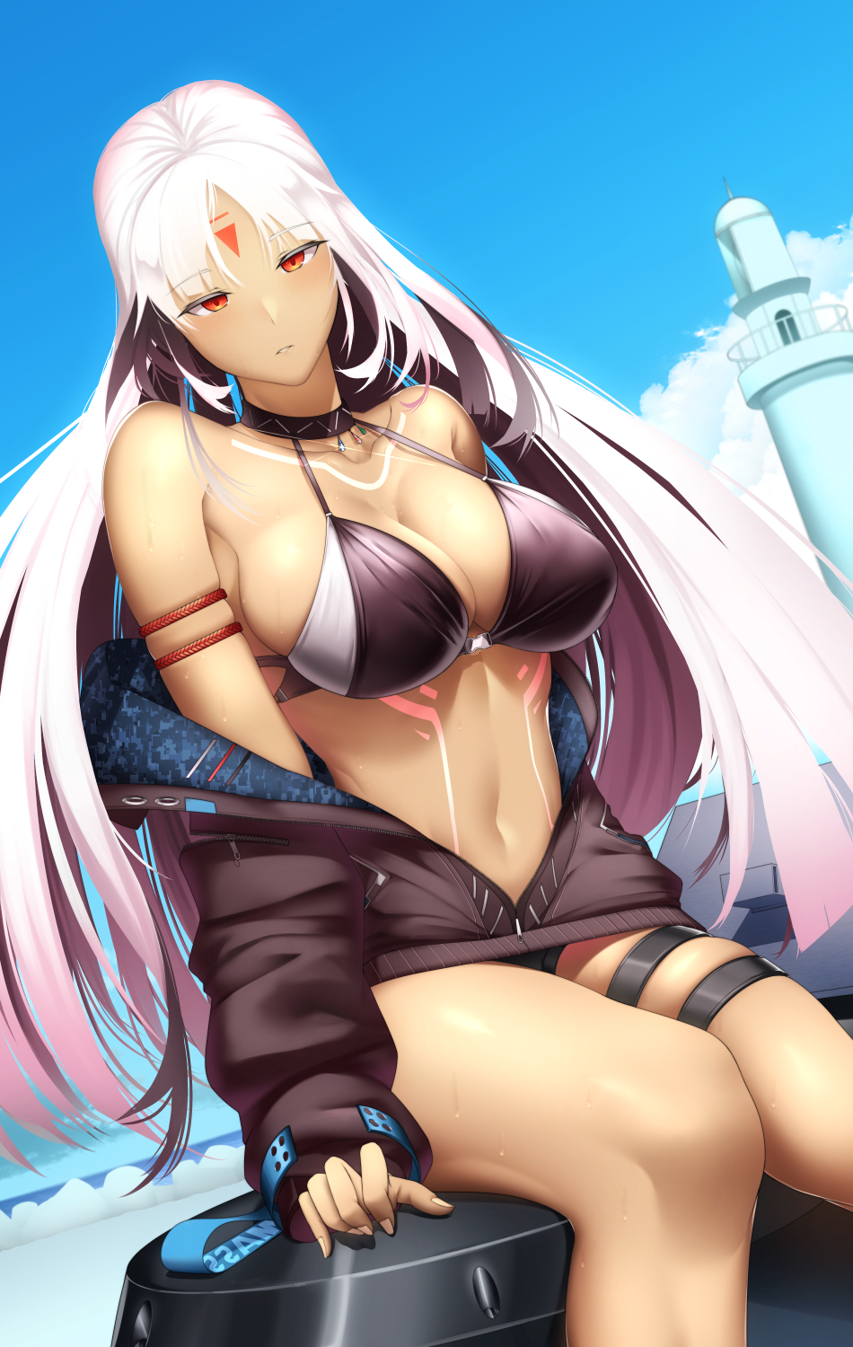 1girl arm_strap azur_lane bikini_top blue_sky bodypaint breasts choker cleavage collarbone dark_skin facepaint gradient_hair highres jacket large_breasts lighthouse long_hair looking_at_viewer massachusetts_(azur_lane) midriff multicolored_hair native_american navel pairleaf red_eyes sitting skindentation sky solo strap thigh_strap very_long_hair white_hair