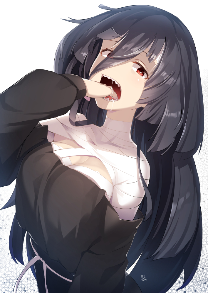 1girl bandage black_hair breasts hair_between_eyes hand_in_mouth long_hair looking_at_viewer meth_(emethmeth) open_mouth red_eyes saliva sharp_teeth simple_background solo teeth very_long_hair white_background yamada_tae zombie_land_saga