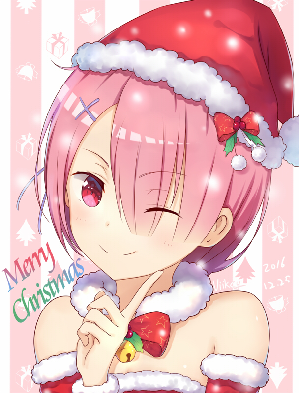 1girl alternate_costume bell christmas commentary dated detached_sleeves dot_nose english_commentary english_text eyebrows_visible_through_hair eyes_visible_through_hair face finger_to_face fluff hair_ornament hair_over_one_eye hairclip hat neck_bell pink_hair ram_(re:zero) re:zero_kara_hajimeru_isekai_seikatsu red_eyes red_hat red_ribbon ribbon santa_hat short_hair signature smile solo star viikcy viiker_zhu white_neckwear x_hair_ornament