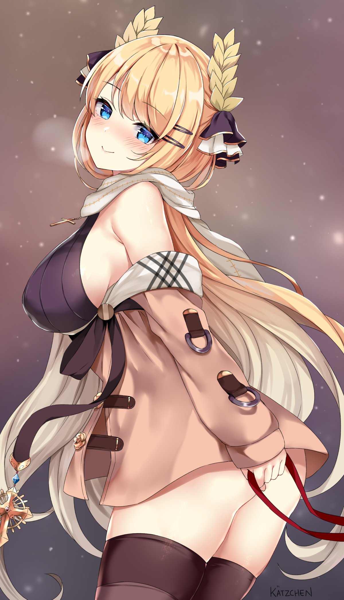 1girl alternate_costume artist_name ass azur_lane bag bangs bare_shoulders black_legwear black_sweater blonde_hair blue_eyes blue_sky blush breasts breathing brown_coat can clouds coat coat_dress commentary cross cross_necklace eyebrows_visible_through_hair hair_ornament hair_ribbon hairclip highres holding holding_bag jewelry kaetzchen large_breasts laurel_crown long_hair looking_at_viewer necklace off_shoulder ribbed_sweater ribbon scarf sideboob sidelocks skindentation sky smile solo sweater sweater_vest thigh-highs very_long_hair victorious_(azur_lane)