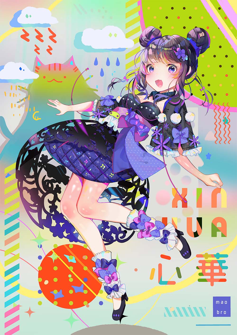 1girl :d black_footwear black_shirt blush bow breasts brown_hair character_name clouds commentary_request double_bun fate_(series) flower hair_flower hair_ornament high_heels highres looking_at_viewer mao_ge medium_breasts open_mouth pink_bow polka_dot polka_dot_bow purple_bow purple_flower purple_skirt shirt shoes short_sleeves skirt smile solo violet_eyes vocaloid water_drop wide_sleeves xin_hua