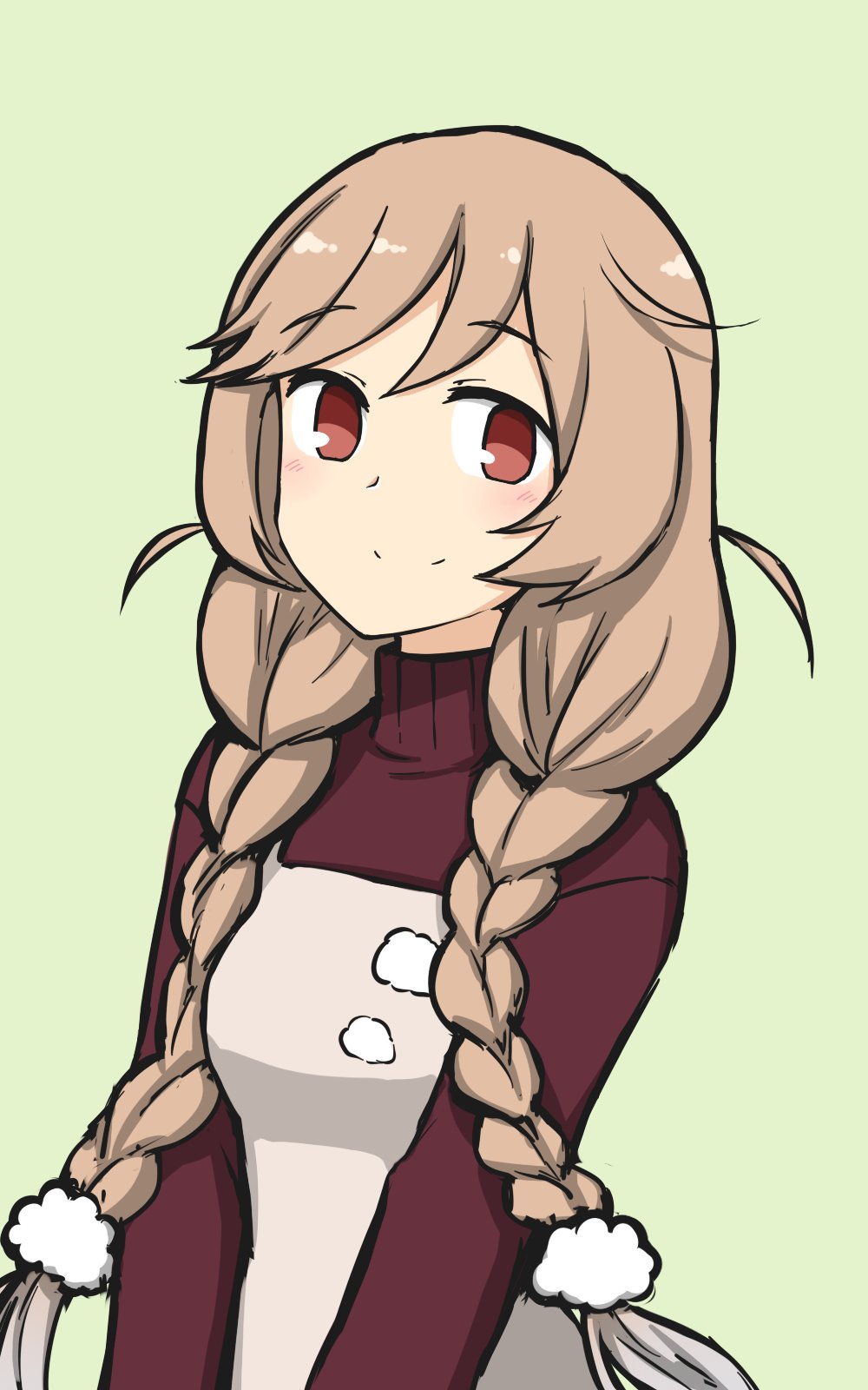 1girl braid brown_eyes brown_sweater cloud_hair_ornament clouds commentary_request disconnected_mouth green_background grey_apron hamu_koutarou highres kantai_collection light_brown_hair long_hair looking_at_viewer minegumo_(kantai_collection) simple_background smile solo sweater turtleneck twin_braids upper_body