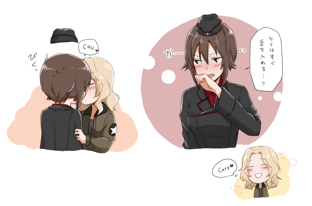 2girls blonde_hair blue_eyes blush brown_eyes brown_hair closed_eyes girls_und_panzer hat heart kay_(girls_und_panzer) kiss kuromorimine_military_uniform looking_away military military_uniform multiple_girls multiple_views nishizumi_maho open_mouth saunders_military_uniform simple_background smile speech_bubble star translation_request uniform white_background yuri yuuhi_(arcadia)