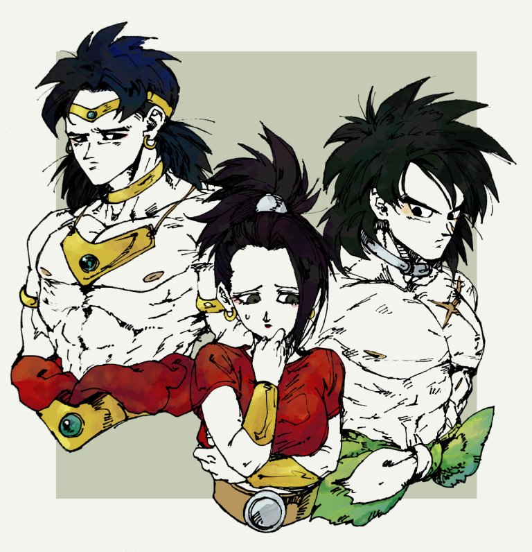 1girl 2boys arms_at_sides bang belt black_eyes black_hair bracelet broly broly_(dragon_ball_super) commentary diadem dragon_ball dragon_ball_super dragon_ball_super_broly dragonball_z earrings expressionless finger_gun frown grey_background grey_eyes height_difference jewelry kale_(dragon_ball) long_hair looking_away multiple_boys muscle necklace nervous ponytail red_shirt scar shirt shirtless short_hair simple_background spiky_hair sweatdrop symbol_commentary upper_body yoruume
