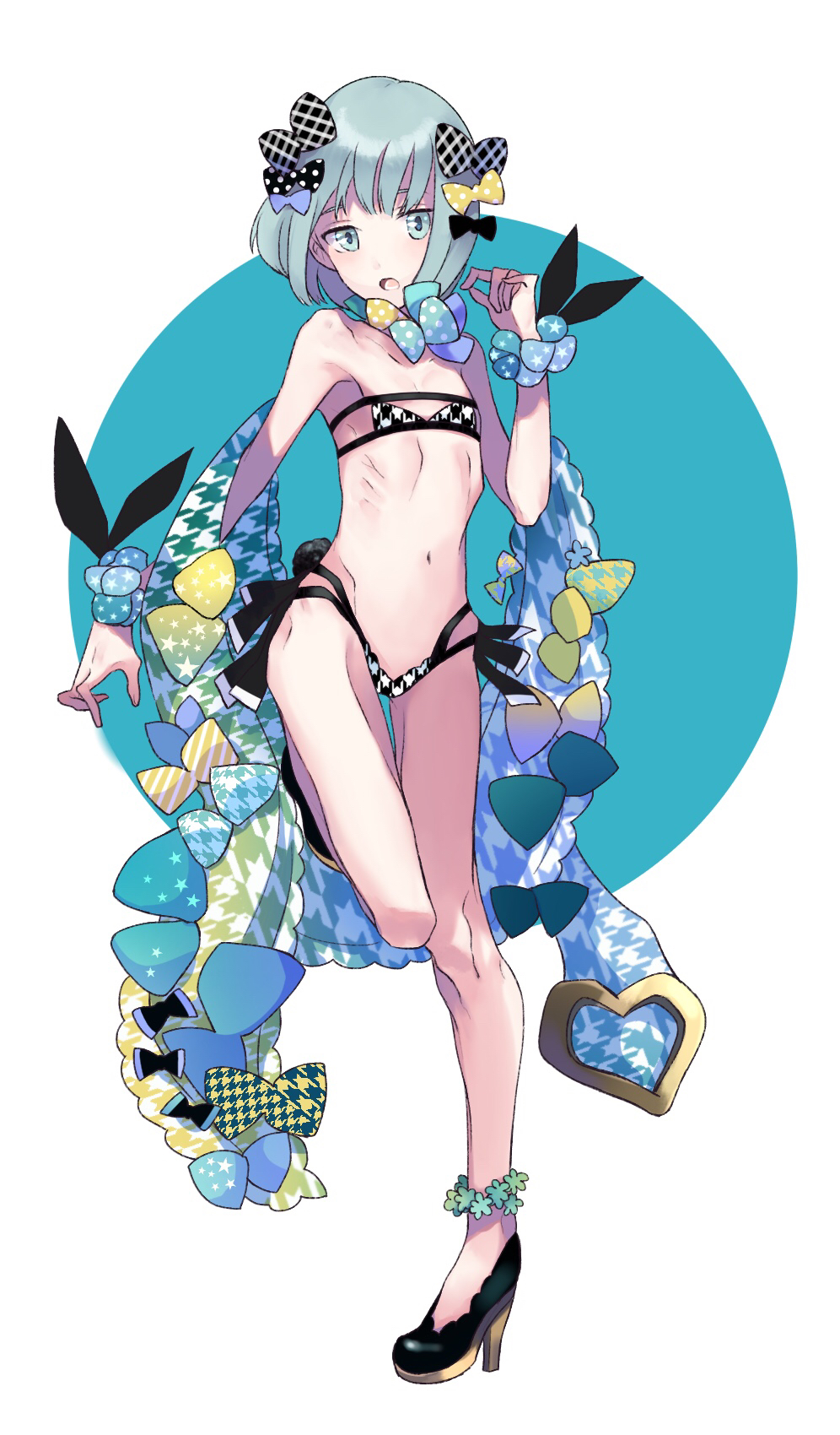 1girl :o bangs bare_shoulders bikini black_bow black_footwear blue_background blue_bow blue_eyes blue_hair blue_scrunchie bow collarbone commentary_request eyebrows_behind_hair flat_chest full_body groin hair_bow hand_up high_heels highres kayanogura looking_at_viewer navel open_mouth original plaid plaid_bow polka_dot polka_dot_bow print_scrunchie ribs scrunchie shoes solo standing standing_on_one_leg star star_print swimsuit two-tone_background white_background wrist_scrunchie yellow_bow