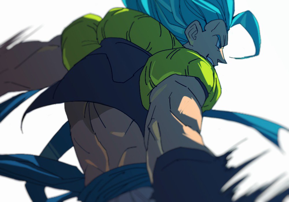 1boy bangs blue_eyes blue_hair blurry depth_of_field dragon_ball dragon_ball_super_broly facing_away fighting_stance from_behind gogeta grin looking_away male_focus muscle profile short_hair smile spiky_hair super_saiyan_blue tako_jirou waistcoat wristband