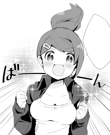 1girl asahina_aoi breasts commentary_request dangan_ronpa dangan_ronpa_1 hair_ornament jacket lowres open_mouth ponytail smile solo