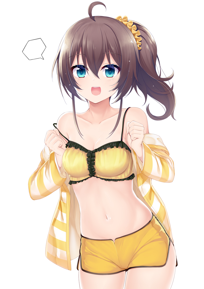 1girl :d ahoge aixioo bangs bare_shoulders blank_speech_bubble blue_eyes boyshorts bra breasts brown_hair collarbone commentary_request cowboy_shot eyebrows_visible_through_hair hair_between_eyes hair_ornament hair_scrunchie highres hololive jacket long_hair looking_at_viewer medium_breasts natsuiro_matsuri navel off_shoulder open_clothes open_jacket open_mouth scrunchie short_shorts shorts side_ponytail sidelocks simple_background smile solo speech_bubble striped_jacket underwear virtual_youtuber white_background yellow_bra yellow_scrunchie yellow_shorts