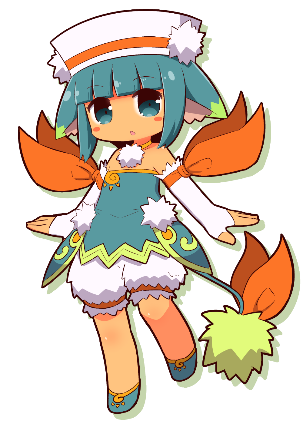 1girl animal_ear_fluff animal_ears bangs bare_shoulders blue_eyes blue_footwear blue_hair blue_shirt blunt_bangs blush_stickers character_request choker collarbone colored_shadow commentary_request dark_skin drop_shadow elbow_gloves eyebrows_visible_through_hair fingerless_gloves full_body gloves hat highres looking_at_viewer naga_u parted_lips puffy_shorts shadow shirt short_shorts shorts sidelocks simple_background solo strapless summon_night white_background white_gloves white_hat white_shorts yellow_choker