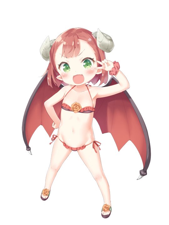 1girl :d bangs bare_arms bare_shoulders bikini black_bikini blush brown_footwear commentary_request curled_horns demon_girl demon_horns demon_wings endro! eyebrows_visible_through_hair fang frilled_bikini frills full_body green_eyes groin hand_on_hip hand_up horns long_hair looking_at_viewer mao_(endro!) navel open_mouth peko pointy_ears red_scrunchie red_wings redhead sandals scrunchie side-tie_bikini simple_background smile solo standing swimsuit v_over_eye very_long_hair white_background wings wrist_scrunchie