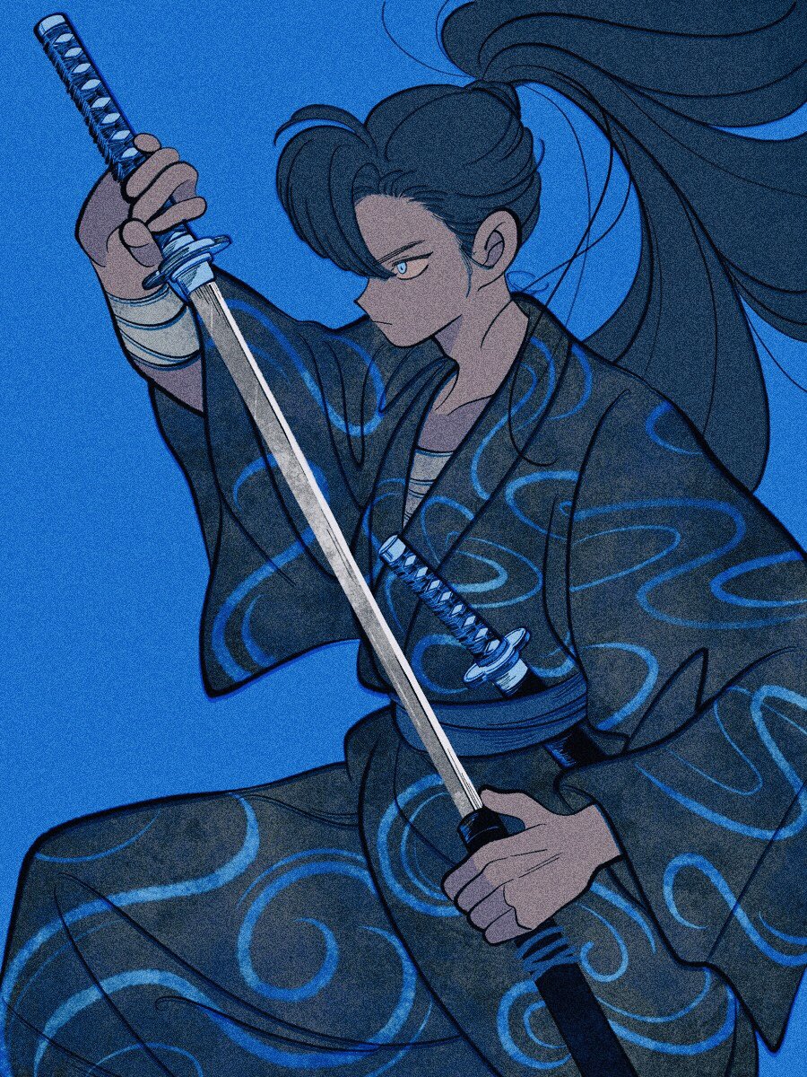 1boy black_hair blue_background cowboy_shot highres holding holding_sword holding_weapon japanese_clothes katana kimono long_hair long_sleeves male_focus original ponytail sash sheath sheathed simple_background solo sword unsheathing uzuta weapon wide_sleeves