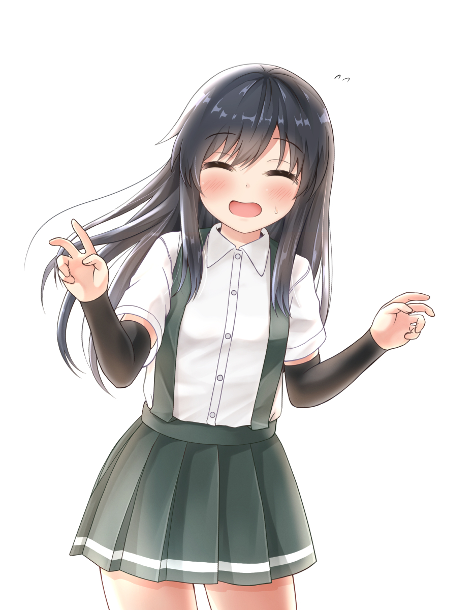 1girl arm_warmers asashio_(kantai_collection) bangs black_hair blush breasts buttons closed_eyes comiching cowboy_shot eyebrows_visible_through_hair facing_viewer flying_sweatdrops highres kantai_collection long_hair open_mouth pleated_skirt school_uniform shirt short_sleeves simple_background skirt small_breasts smile solo suspender_skirt suspenders white_background white_shirt