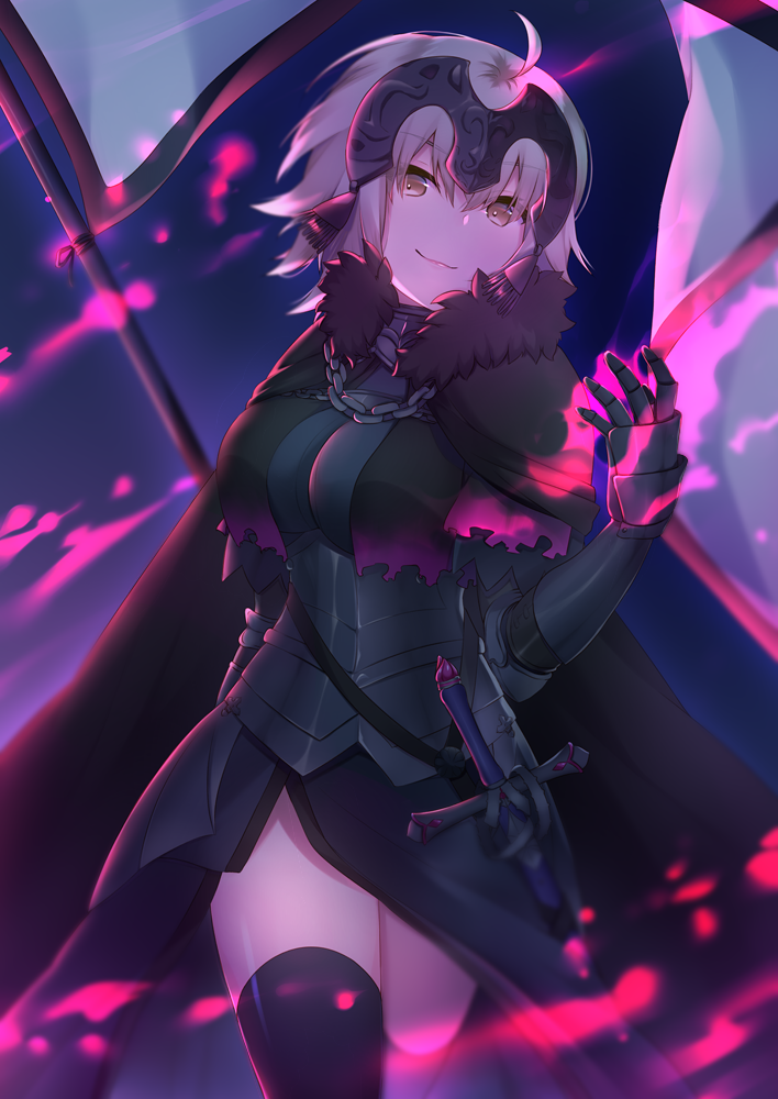 1girl ahoge akino_(1i1i1i1i) armor armored_dress aura bangs black_armor black_cape black_dress black_legwear breasts brown_eyes cape chains closed_mouth commentary_request dark_aura dress eyebrows_visible_through_hair fate/grand_order fate_(series) flag fur-trimmed_cape fur_trim gauntlets hair_between_eyes headpiece jeanne_d'arc_(alter)_(fate) jeanne_d'arc_(fate)_(all) light_brown_hair looking_at_viewer medium_breasts smile solo thigh-highs white_flag