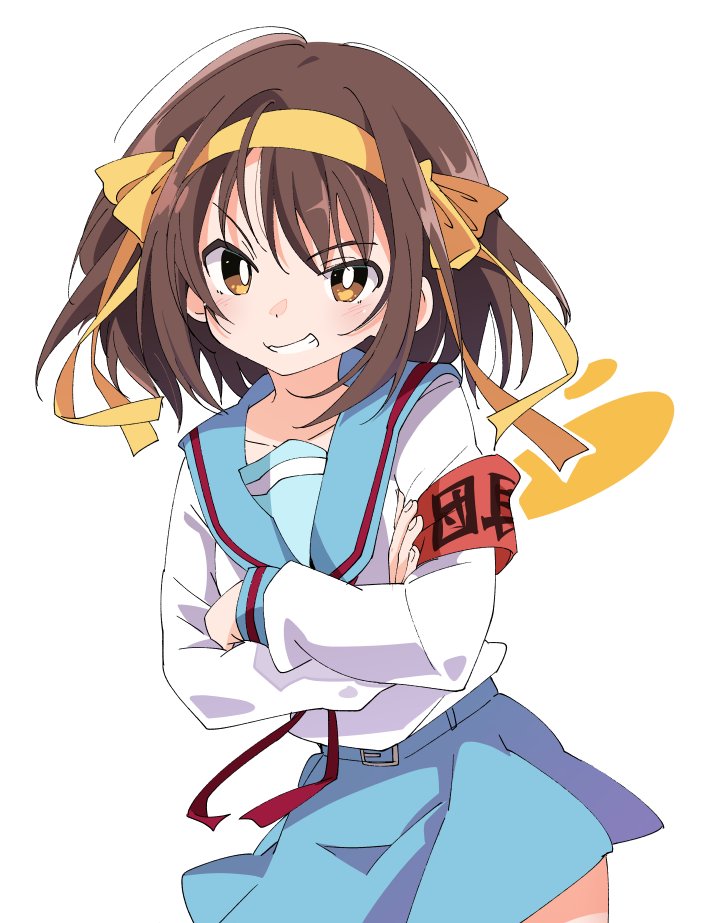 1girl blue_skirt blush brown_eyes brown_hair clenched_teeth crossed_arms hair_ribbon hairband ixy kita_high_school_uniform long_sleeves looking_at_viewer ribbon school_uniform short_hair simple_background skirt smile solo suzumiya_haruhi suzumiya_haruhi_no_yuuutsu teeth white_background yellow_hairband yellow_ribbon